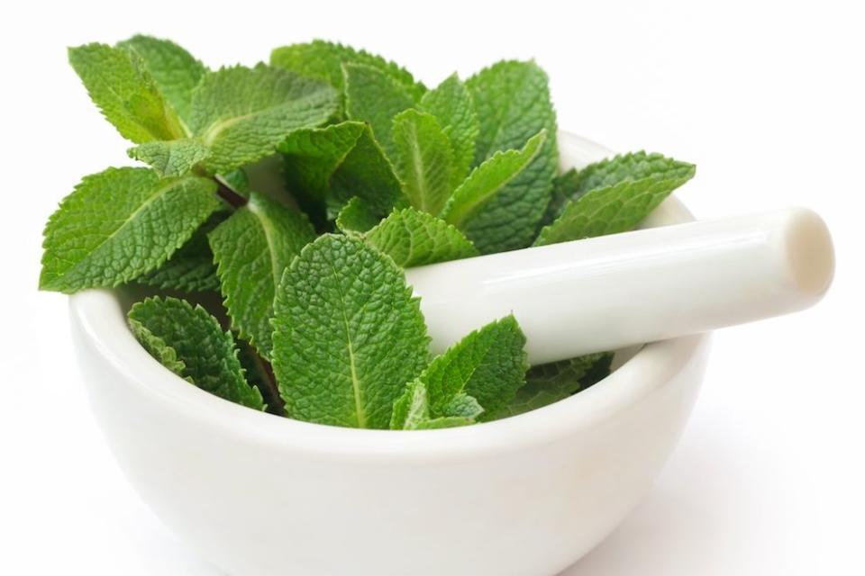 mint leaves, mortal and pestle in a bowl