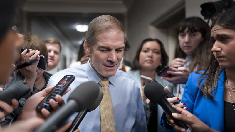 Rep. Jim Jordan, R-Ohio, chairman of the House Judiciary Committee and a staunch ally of former President Donald Trump, talks with reporters as House Republicans meet again behind closed doors to find a path to elect a new speaker after House Majority Leader Steve Scalise, R-La., dropped out of the race Thursday night, at the Capitol in Washington on Friday, Oct. 13, 2023.