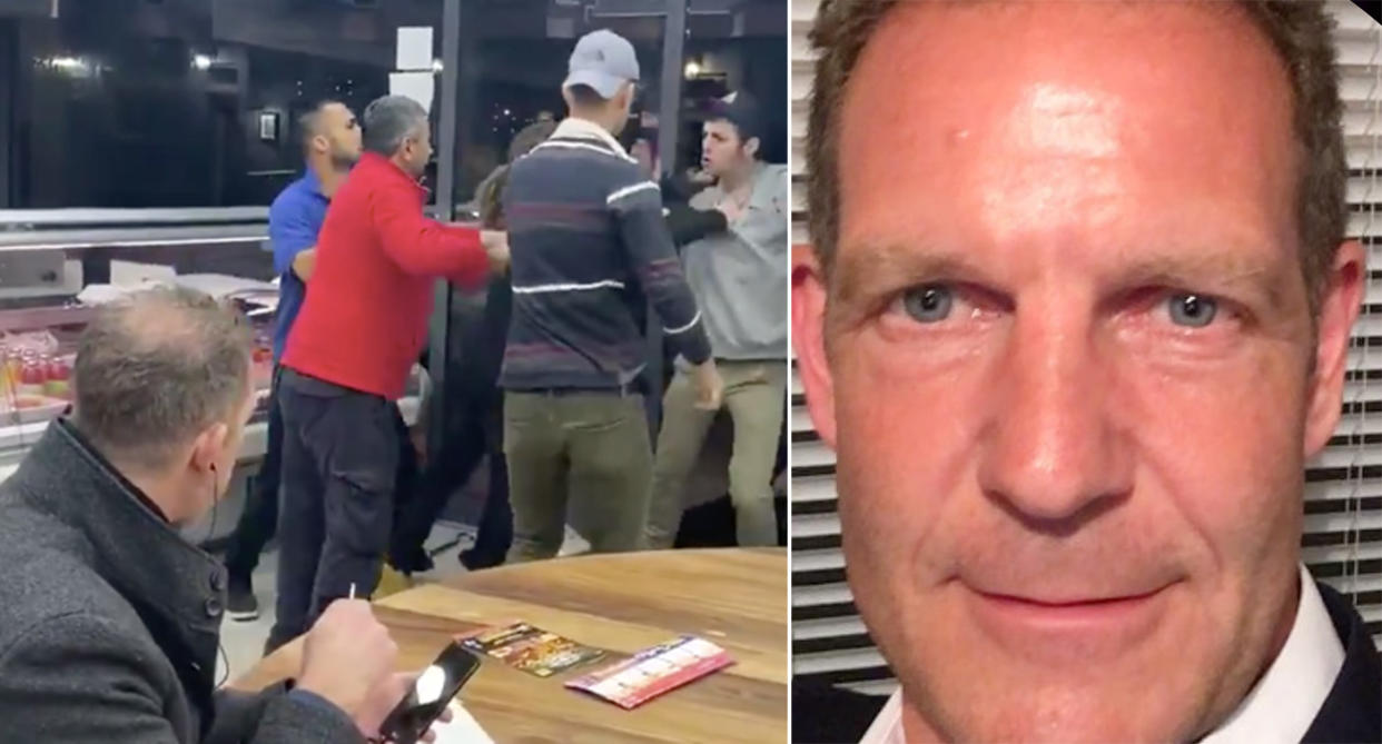 Chris Hill, bottom left, and right, kept eating his kebab and chips during a brawl (Pictures: @xbethdeakin/Twitter/LinkedIn)