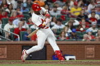 St. Louis Cardinals' Iván Herrera hits a solo home run during the seventh inning of a baseball game against the Philadelphia Phillies Monday, April 8, 2024, in St. Louis. (AP Photo/Scott Kane)