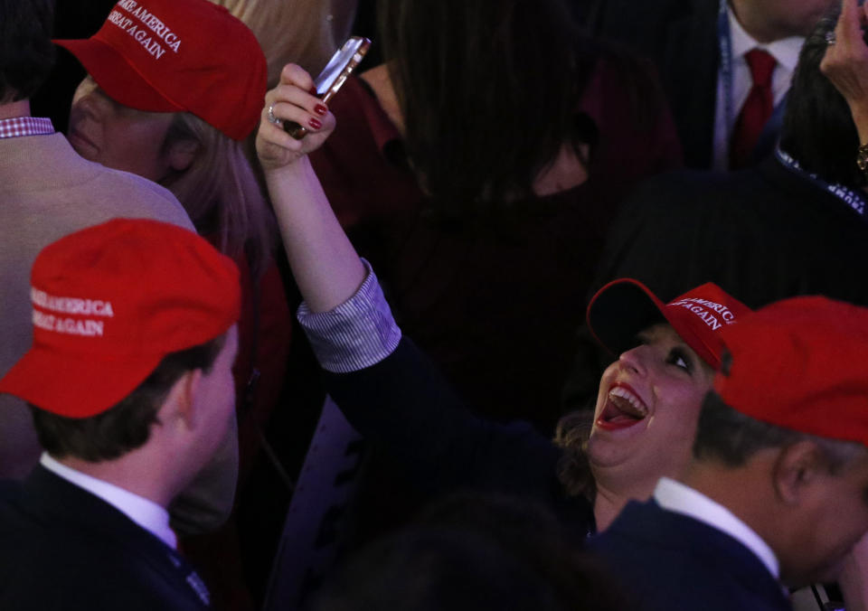 A Trump supporter takes a selfie as she celebrates with others as they watch election returns come in at Republican U.S. presidential nominee Donald Trump's election night rally in Manhattan, New York,&nbsp;on Nov. 8.