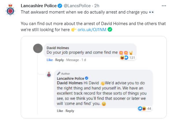 David Holmes taunted Lancashire Police on Twitter, baiting them to 'come and get me'. So they did. (Twitter)