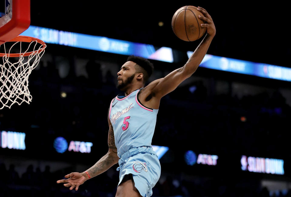 CHICAGO, ILLINOIS - FEBRUARY 15: Derrick Jones Jr. #5 of the Miami Heat dunks the ball in the 2020 NBA All-Star - AT&T Slam Dunk Contest during State Farm All-Star Saturday Night at the United Center on February 15, 2020 in Chicago, Illinois. NOTE TO USER: User expressly acknowledges and agrees that, by downloading and or using this photograph, User is consenting to the terms and conditions of the Getty Images License Agreement. (Photo by Jonathan Daniel/Getty Images)