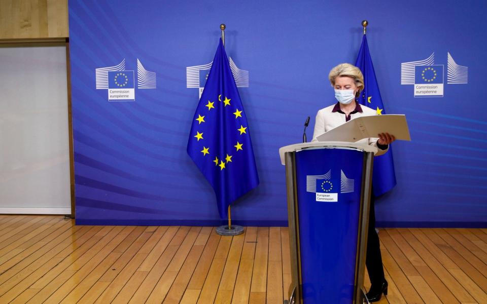 Ursula von der Leyen gives a press conference, urging the EU to activate the bloc's 'emergency brake' - JOHANNA GERON/POOL/EPA-EFE/Shutterstock /Shutterstock 