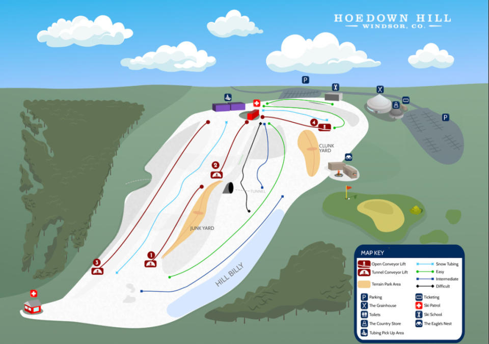 Trail map <a href="https://hoedownhill.com/trail-map/" rel="nofollow noopener" target="_blank" data-ylk="slk:courtesy of Hoedown Hill.;elm:context_link;itc:0;sec:content-canvas" class="link ">courtesy of Hoedown Hill. </a>