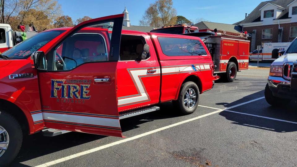 Firemen from Summerfield Fire Department rest in the staging area for the Poplar Drive Fire on Nov. 6 at Fruitland Baptist Church.