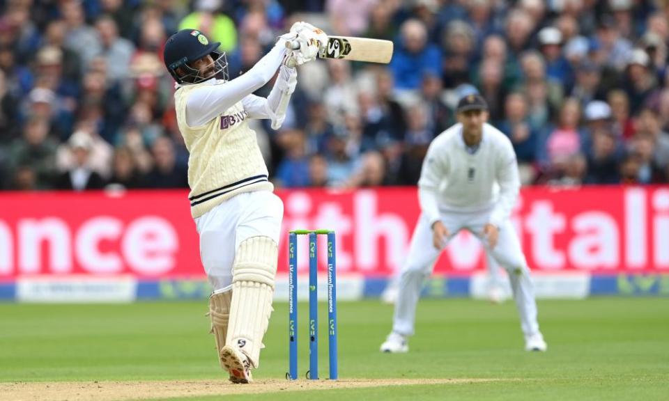 Jasprit Bumrah hits a six off Stuart Broad.