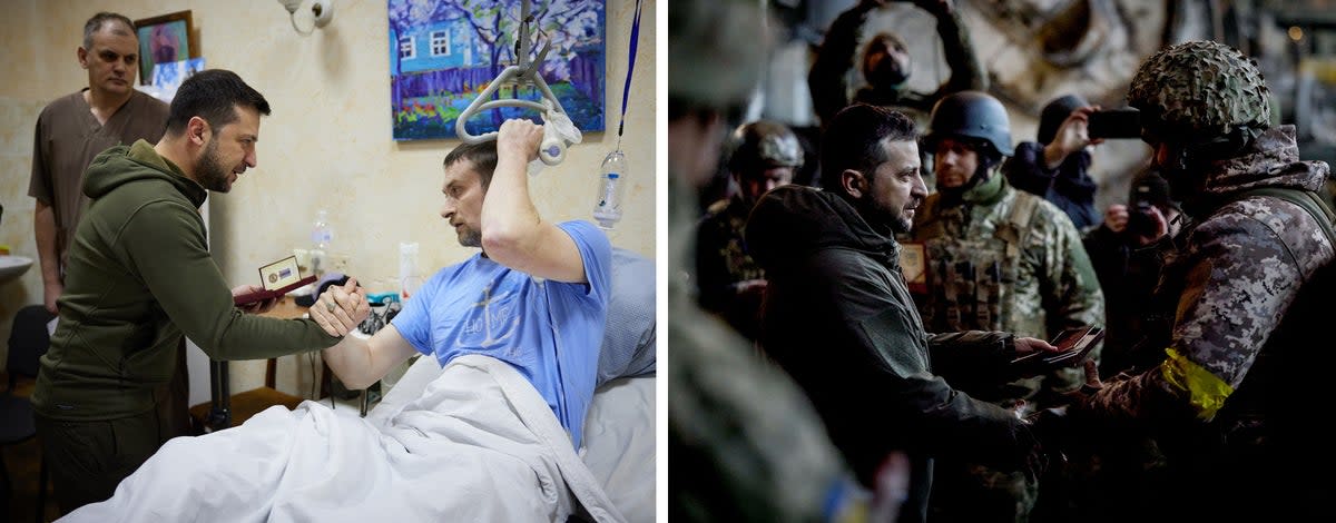 Left: Volodymyr Zelensky visiting a military hospital in March 2022. Right: The president during a medal giving ceremony to Ukrainian servicemen in the frontline city of Bakhmut, December 2022 (Ukrainian Presidential Press/AFP/Getty)