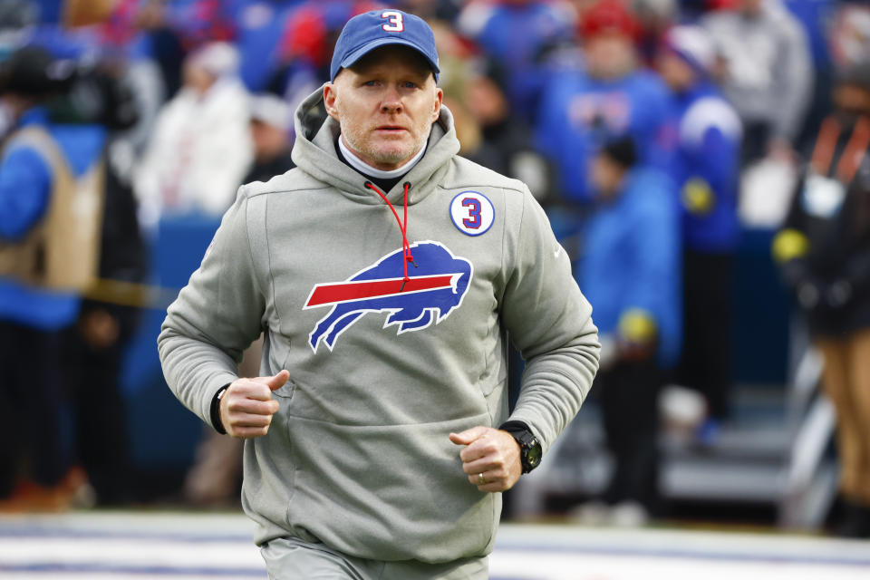 Buffalo Bills head coach Sean McDermott takes the field before an NFL football game against the New England Patriots, Sunday, Jan. 8, 2023, in Orchard Park, N.Y. (AP Photo/Jeffrey T. Barnes)