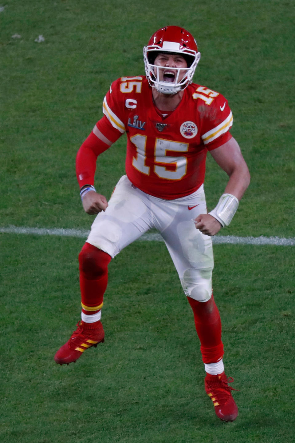 MIAMI GARDENS, FLORIDA - FEBRUARY 2: Kansas City Chiefs quarterback Patrick Mahomes (15) celebrates the go-ahead touchdown against the San Francisco 49ers in the fourth quarter of Super Bowl LIV at Hard Rock Stadium in Miami Gardens, Fla., on Sunday, Feb. 2, 2020. (Karl Mondon/MediaNews Group/The Mercury News via Getty Images)