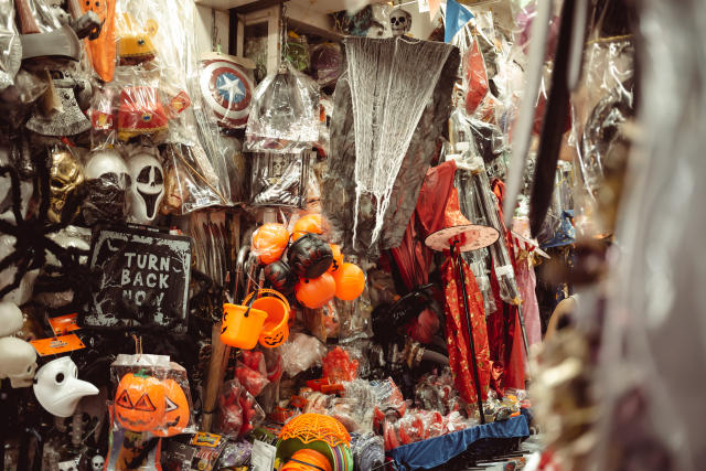 October 25, 2021: Halloween decorations and costumes prominently displayed at Sampheng market during the Halloween holidays.