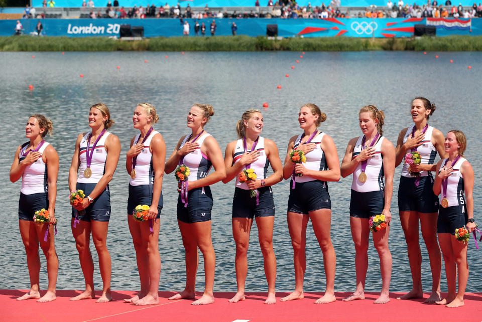 <b>Women's eight rowing</b><br>Members of the defending champion U.S. team receive their gold medals at the London Games. The U.S. has won six straight world championships starting in 2006. (Photo by Ezra Shaw/Getty Images)