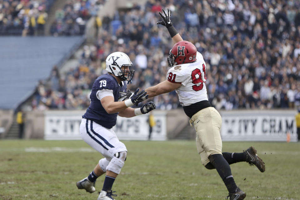 Yale's Karl Marback #79 in action, blocking against Harvard during an NCAA college football game on Saturday, November 18, 2017 in New Haven, CT. Yale won the game 24-3 and won their first outright Ivy League title since 1980. (AP Photo/Gregory Payan)