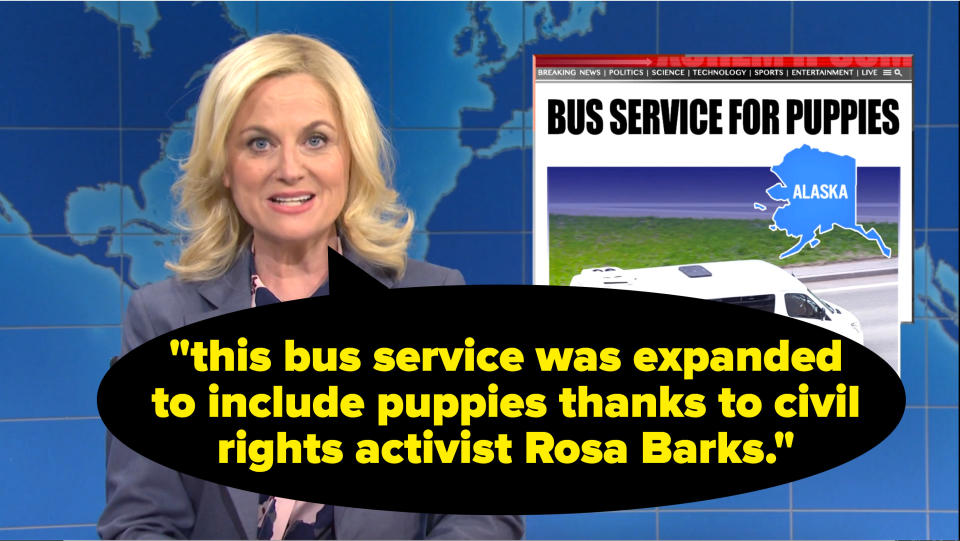 Amy saying "this bus service was expanded to include puppies thanks to civil rights activist Rosa Barks"