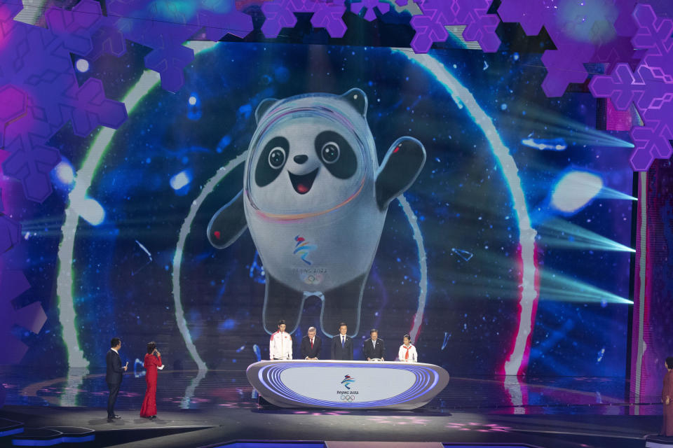 Bing Dwen Dwen, the official mascot for the Beijing 2022 Winter Olympic is revealed at a ceremony held at the Shougang Ice Hockey Arena in Beijing on Tuesday, Sept. 17, 2019. (AP Photo/Ng Han Guan)
