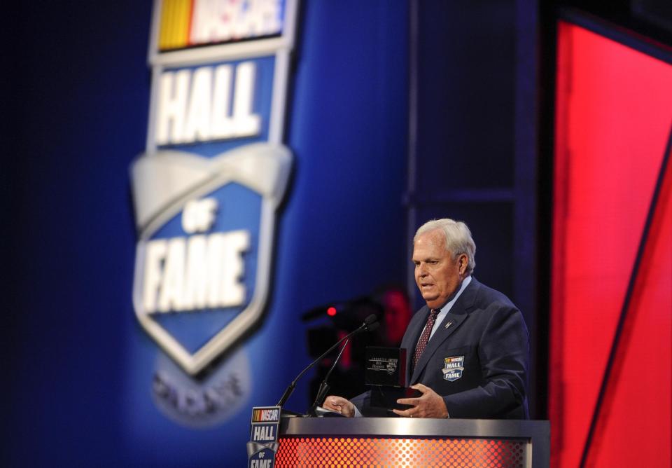 NASCAR Hall of Fame inductee Rick Hendrick talks about his career as a team owner, during the NASCAR Hall of Fame induction ceremony in Charlotte, N.C., Friday, Jan. 20, 2017. (AP Photo/Mike McCarn)