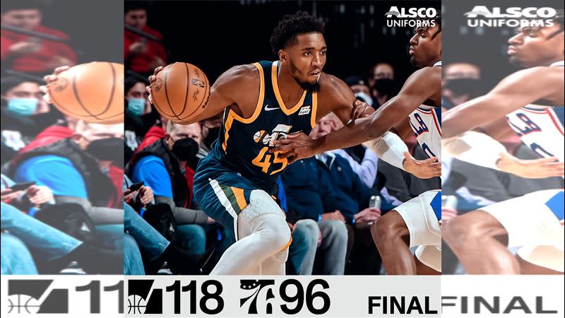 米契爾（Donovan Mitchell）投進5顆三分球，攻下全場最高22分。（圖／翻攝自爵士推特）