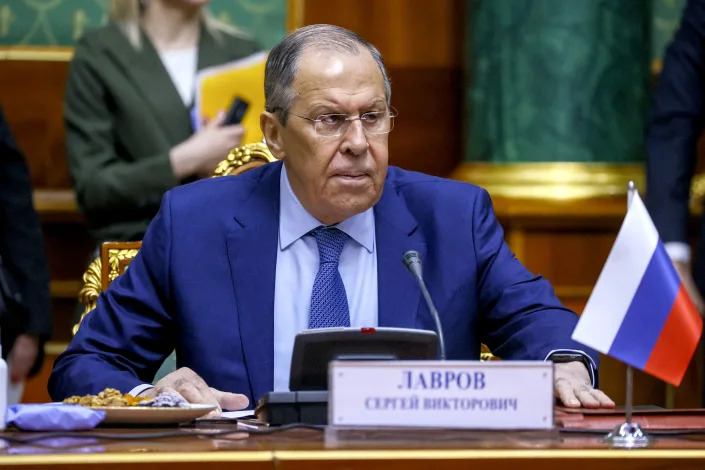 Minister of Foreign Affairs of Russia, Sergey Lavrov attends the meeting of foreign ministers of the Commonwealth of Independent States (CIS) member states in Tajikistan's capital Dushanbe on May 13, 2022. (Russian Foreign Ministry / Handout/Anadolu Agency via Getty Images)