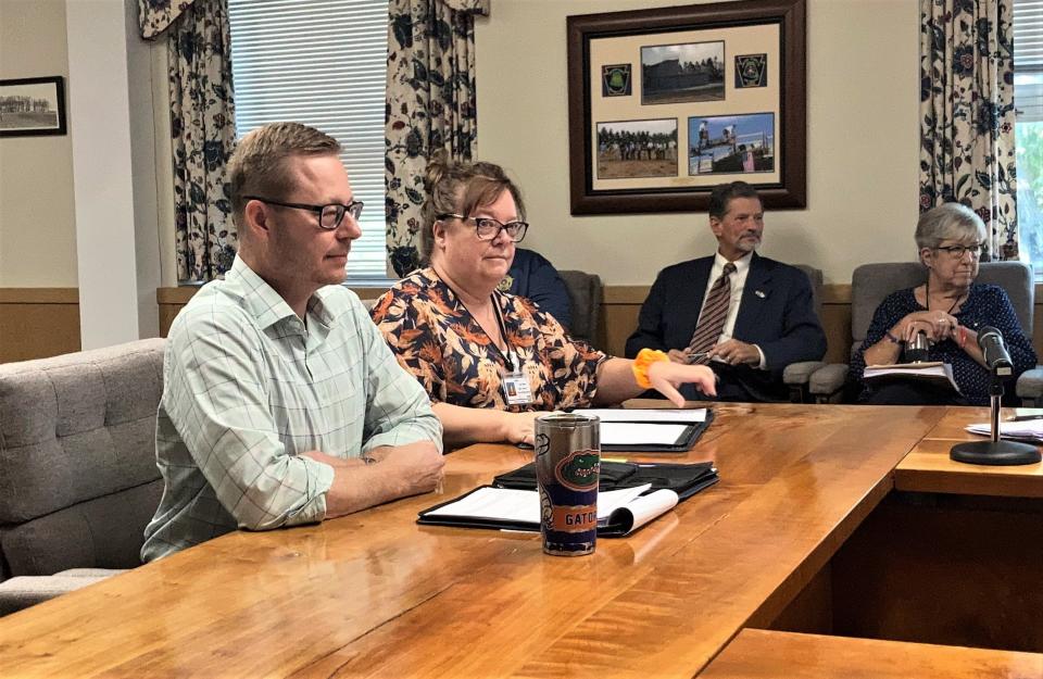 Lebanon County Bureau of Registration and Elections Director Sean Drasher addresses the county election board Thursday about a dual trial of e-poll books for some precincts in the Nov. 7 election.