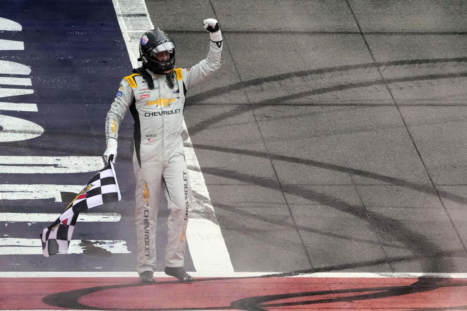 Kyle Busch celebrates after winning a NASCAR Cup Series auto race at Auto Club Speedway in Fontana, Calif., Sunday, Feb. 26, 2023. (AP Photo/Jae C. Hong)