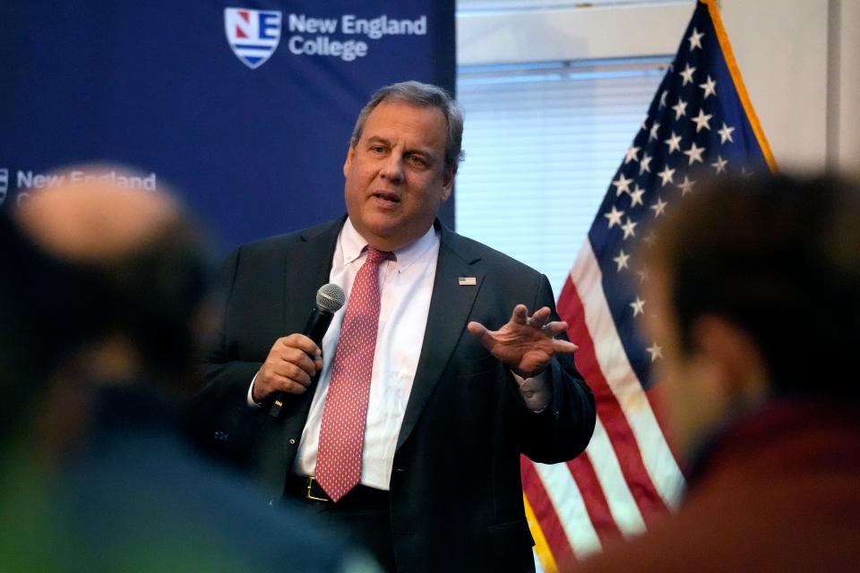 Former New Jersey Gov. Chris Christie addresses a gathering during a town hall-style meeting at New England College on Thursday in Henniker, N.H.