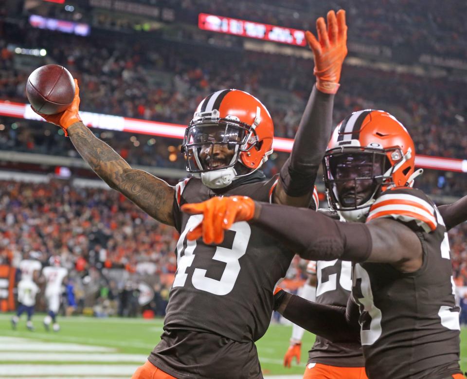 Cleveland Browns John Johnson III celebrates his interception against the Denver Broncos on Thursday, Oct. 21, 2021 in Cleveland, at FirstEnergy Stadium. The Browns won the game 17-14. [Phil Masturzo/ Beacon Journal]