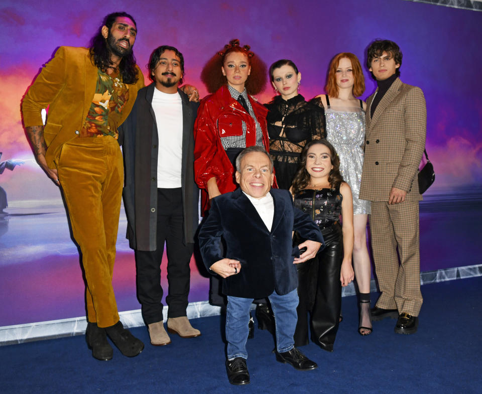 LONDON, ENGLAND - NOVEMBER 16: (L-R) Amar Chadha-Patel, Tony Revolori, Erin Kellyman, Warwick Davis, Ruby Cruz, Annabelle Davis, Ellie Bamber and Dempsey Bryk attend a special screening of new Disney+ series 