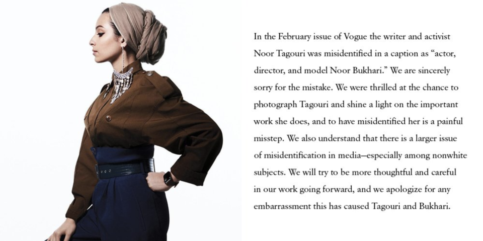 ‘Vogue’ issued an apology after misidentifying activist Noor Tagouri. (Photo: Twitter/voguemagazine)
