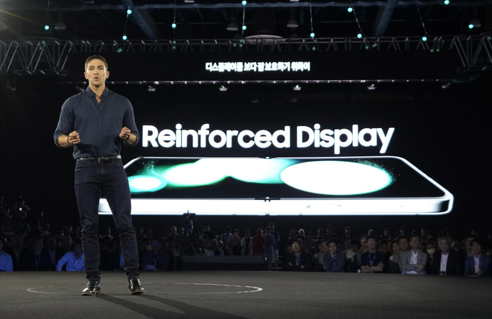 Nils Dahl, Samsung's product and technology planning, speaks during the Galaxy Unpacked 2023 event at the COEX in Seoul, South Korea, Wednesday, July 26, 2023. Samsung Electronics on Wednesday unveiled two foldable smartphones as it continues to bet on devices with bending screens, a budding market that has yet to fully take off because of high prices. (AP Photo/Ahn Young-joon)