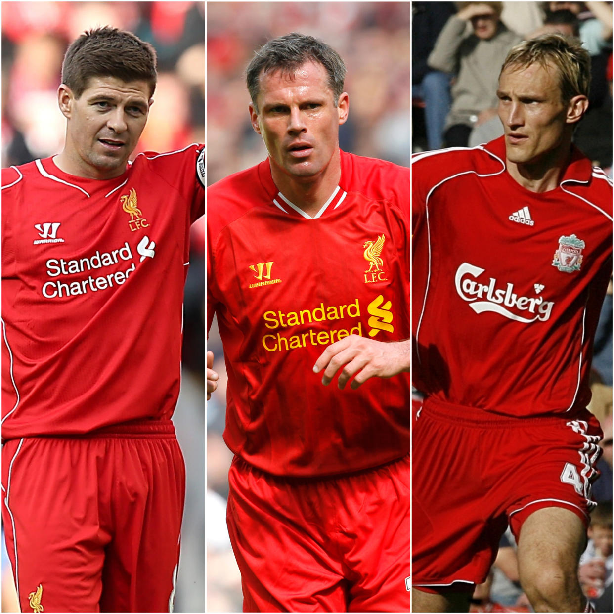 Steven Gerrard, Jamie Carragher and Sami Hyypia, l-r