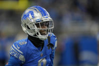 Detroit Lions wide receiver Jameson Williams is seen during pregame of an NFL football game against the Jacksonville Jaguars, Sunday, Dec. 4, 2022, in Detroit. (AP Photo/Paul Sancya)