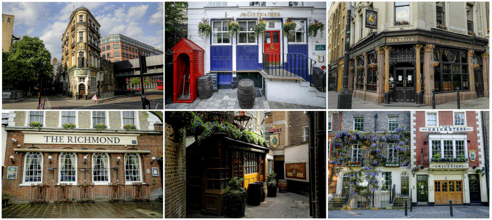 FILE - A combo of recent images and filed on Friday May 15, 2020 of pubs that are closed due to the coronavirus pandemic. Britain's 47,000 or so pubs were told to close their doors on March 20, three days before Prime Minister Boris Johnson announced the full lockdown. (AP Photo/Matt Dunham, File)