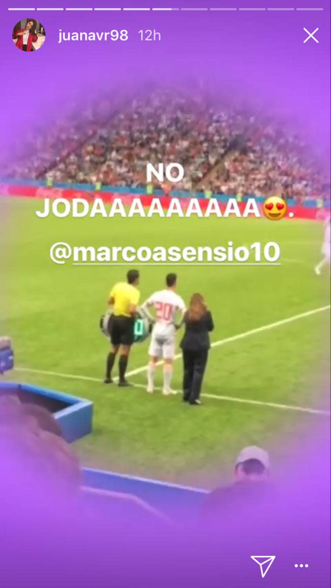 La hermana de James Rodríguez compartió estas imágenes al ver a Marco Asensio.<a href="https://www.instagram.com/juanavr98/?utm_source=ig_embed" rel="nofollow noopener" target="_blank" data-ylk="slk:Foto: Juana Valentina/Instagram;elm:context_link;itc:0;sec:content-canvas" class="link "> Foto: Juana Valentina/Instagram</a>