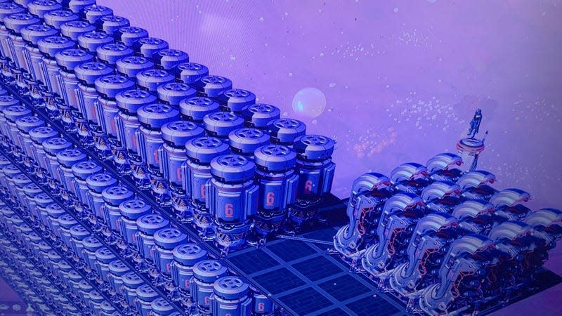 A No Man's Sky player looks down at rows upon rows of Indium extractors. 