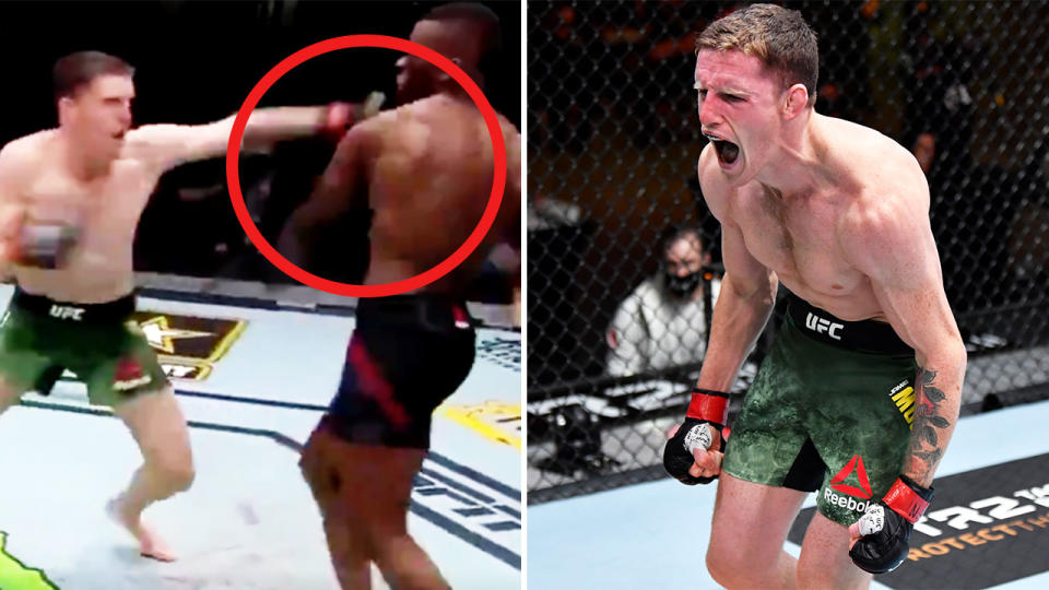 Aussie Jamie Mullarkey (pictured right) punching his opponent (pictured left) and celebrating (pictured right).