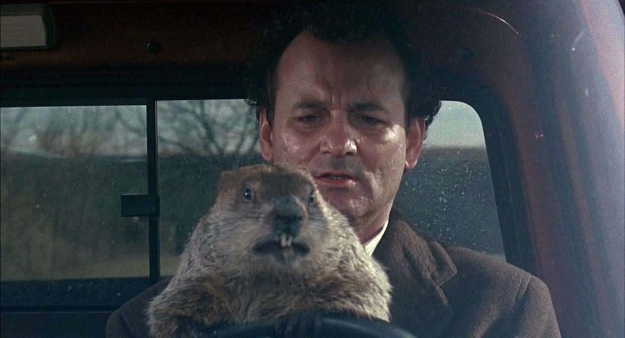 Bill Murray and a friend take the wheel in the 1993 comedy "Groundhog Day."