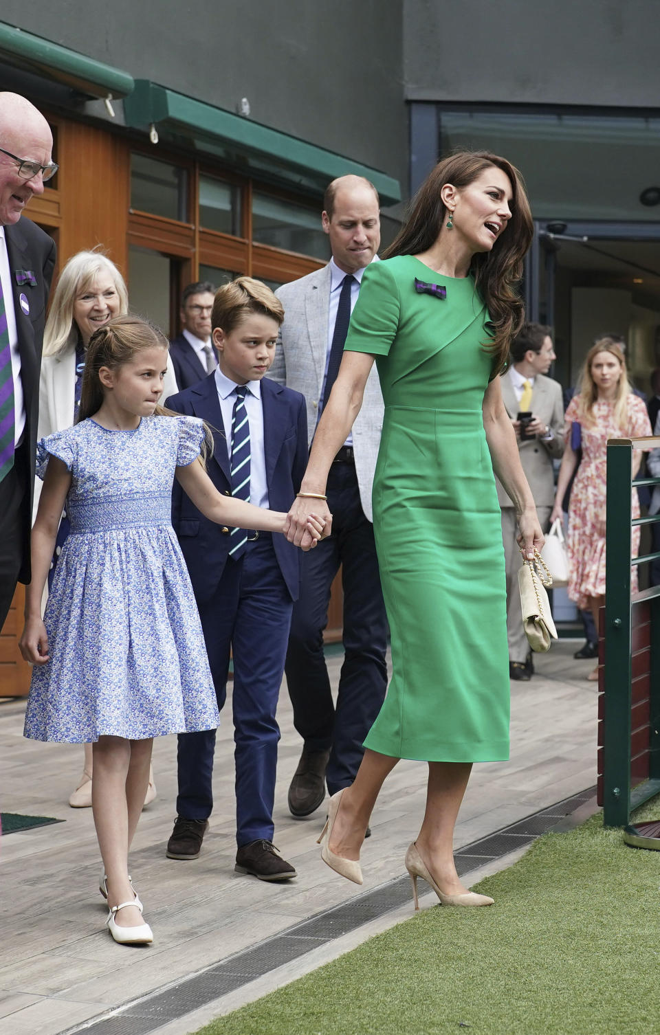The Prince and Princess of Wales with Prince George and Princess Charlotte arrive on day fourteen of the 2023 Wimbledon Championships at the All England Lawn Tennis and Croquet Club in Wimbledon, Sunday July 16, 2023. (Victoria Jones/Pool photo via AP)