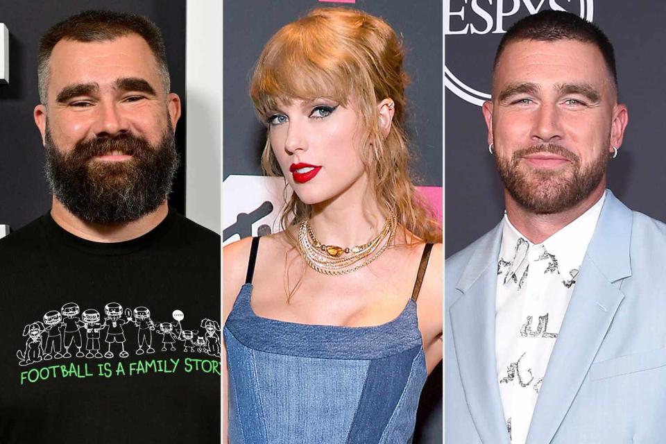 <p>Lisa Lake/Getty; Kevin Mazur/Getty; ABC via Getty</p> Jason Kelce; Taylor Swift; Travis Kelce