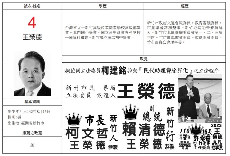 <cite>新竹市選區-王榮德。（圖／翻攝自中選會）</cite>