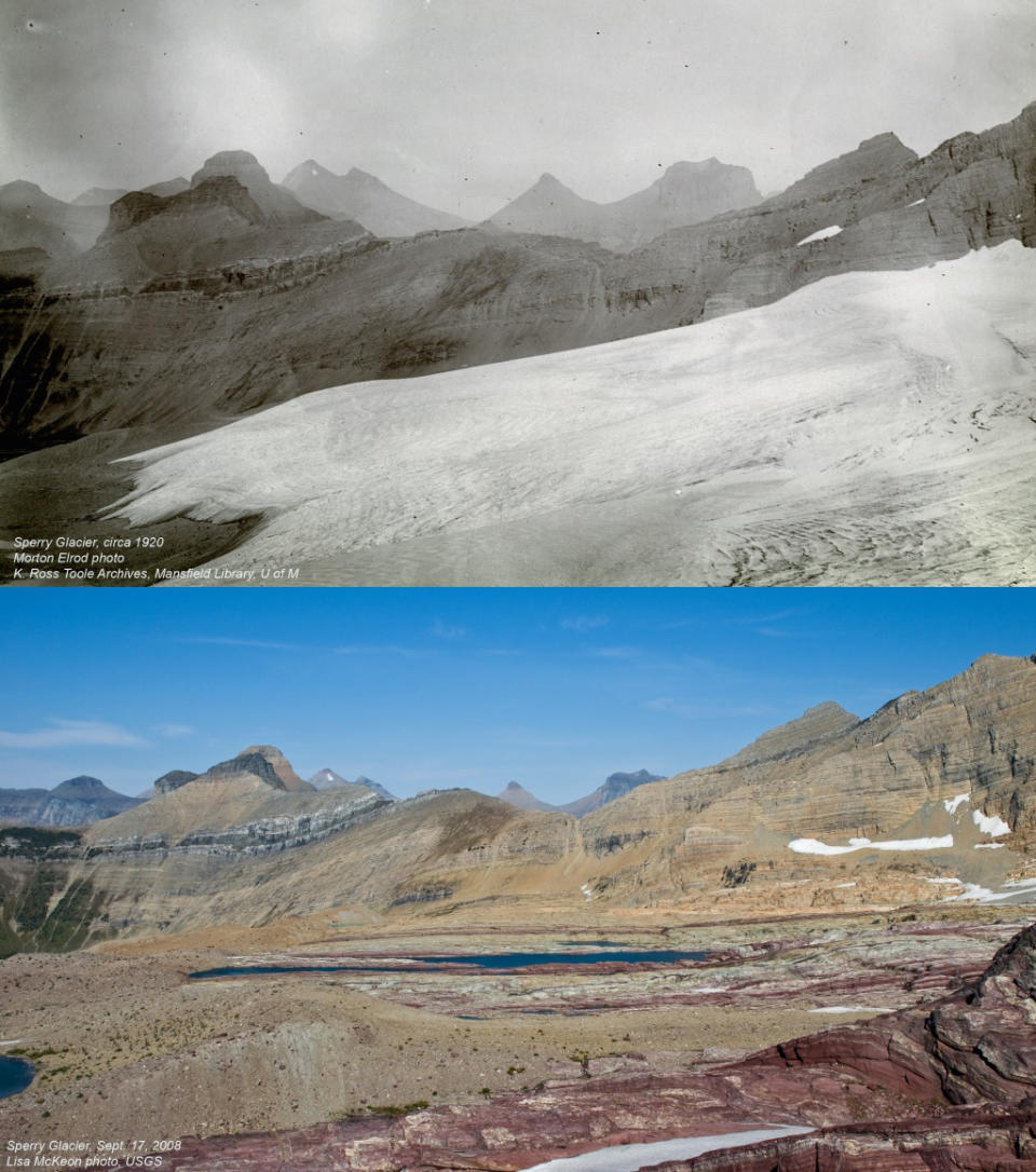 Sperry Glacier, circa 1920 (top) and in 2008 (bottom)