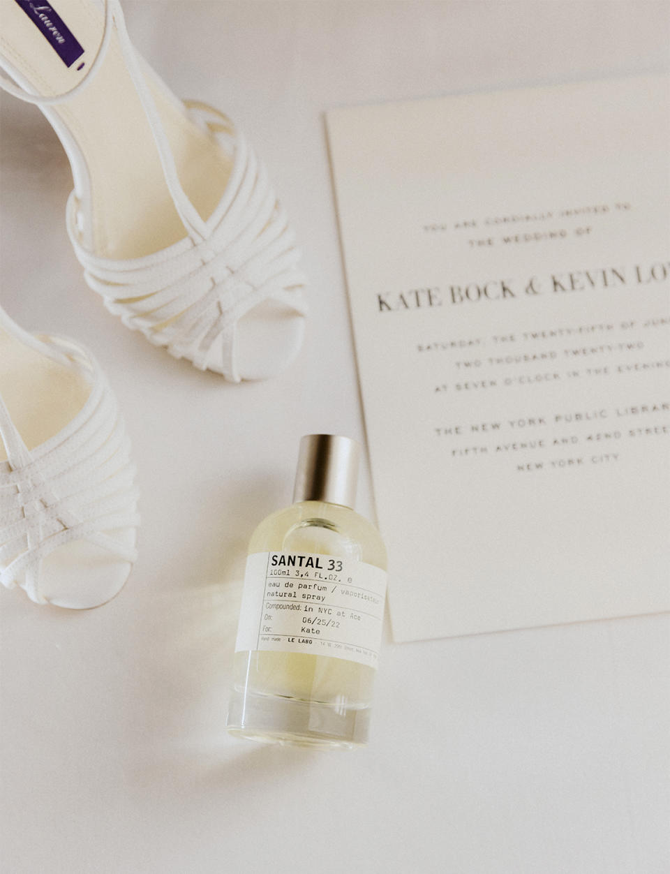 <p>A close friend surprised Bock with a bottle of Le Labo Santal 33 perfume, customized with the couple's wedding date on the label. </p>