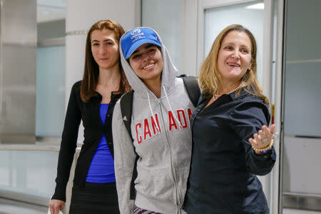 Rahaf Mohammed al-Qunun (C) accompanied by Canadian Minister of Foreign Affairs Chrystia Freeland (R) and Saba Abbas, general counsellor of COSTI refugee service agency, arrives at Toronto Pearson International Airport in Toronto, Ontario, Canada January 12, 2019. REUTERS/Carlos Osorio