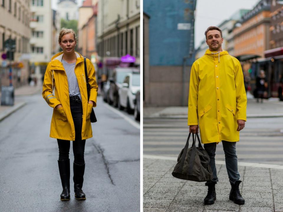 Raincoats in classic yellow. (Photo: Getty)