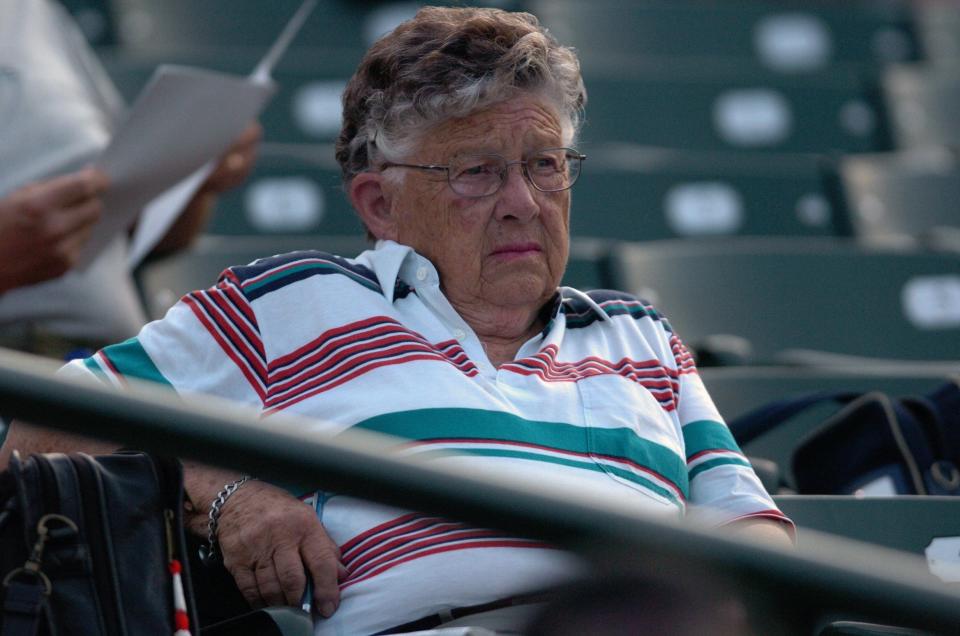 Dorothy Fox scouting a Rochester Red Wings game in 2005.