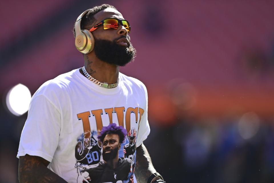 Then a Cleveland Brown. wide receiver Odell Beckham Jr. warms up before a game against the Chicago Bears.