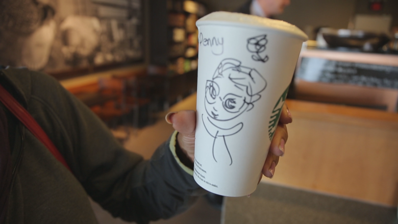 This barista draws charming caricatures of customers on their coffee cups