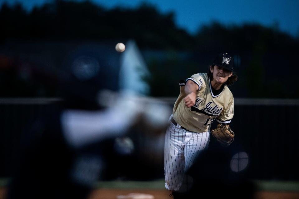 Mt. Juliet’s Austin Hunley, pitches during the baseball game against Beech at Mt. Juliet High School in Mt. Juliet, Tenn., Monday, May 16, 2022.