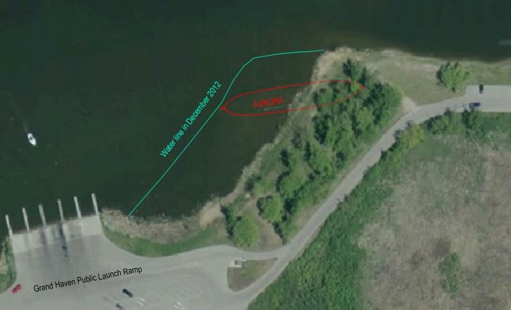 This Dec. 11, 2012 photo shows a map provided by the Michigan Shipwreck Research Associates shows where the shipwreck Aurora lies. The remains of the wooden steamer built 125 years ago recently were uncovered in West Michigan because of lower Great Lakes water levels. Sections of the 290-foot steamer Aurora, which burned in 1932, and parts of at least four other shipwreck hulks were exposed by the receding waterline at Grand Haven near the edges of Harbor Island. (AP Photo/The Muskegon Chronicle, Ken Stevens) ALL LOCAL TV OUT; LOCAL TV INTERNET OUT