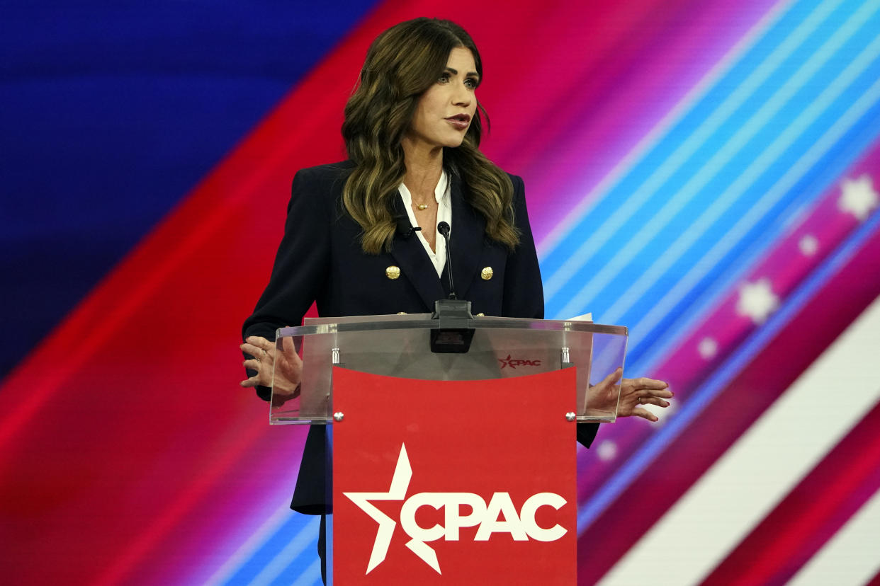 FILE - South Dakota Gov. Kristi Noem speaks at the Conservative Political Action Conference (CPAC), Friday, Feb. 25, 2022, in Orlando, Fla. Noem's election-year fight with fellow Republicans in the Legislature has spurred criticism she is neglecting her job to angle for the White House. (AP Photo/John Raoux, File)