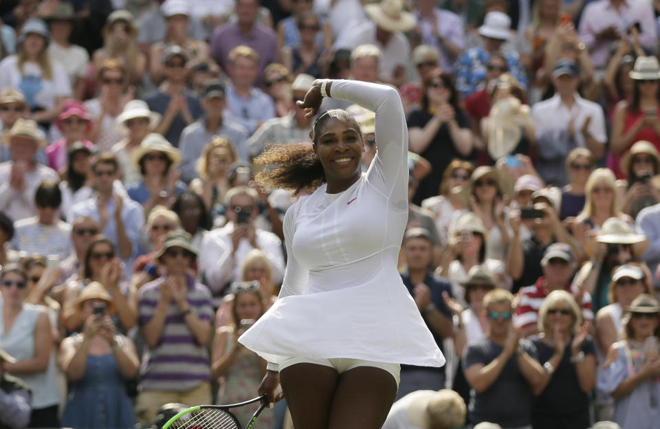 Serena Williams of the United States celebrates defeating Germany’s Julia Gorges in their women’s singles semifinal match at the Wimbledon Tennis Championships in London on Thursday. (AP Photo/Tim Ireland)